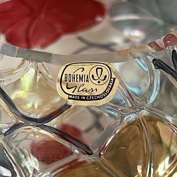 Hand Blown Clear Glass Bohemia Vase Made in Czech 6" Tall Hand Painted Flowers - Picture 2 of 8